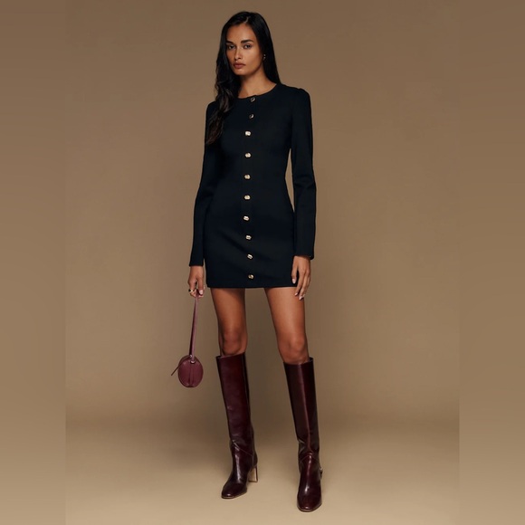 Reformation Micah Knit Dress Black Long Sleeve Dress with Gold Buttons - Picture 2 of 11